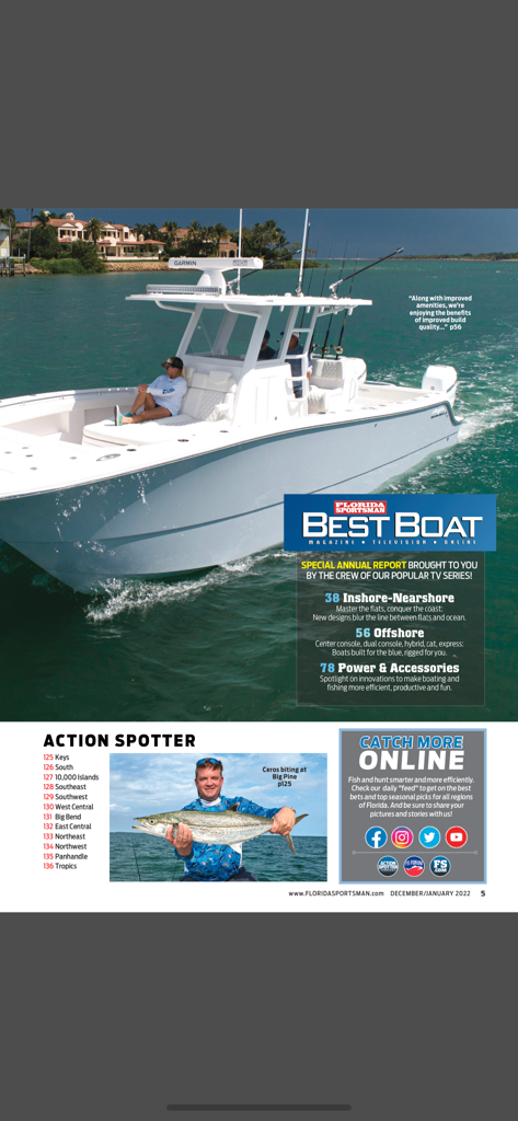 Florida Sportsman Magazine - A page from the Florida Sportsman Magazine app featuring a white fishing boat on the water and a man holding a large fish