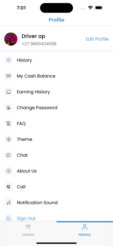 Bzaar Driver - Profile screen of the Bzaar Driver app showing account settings and earning history options