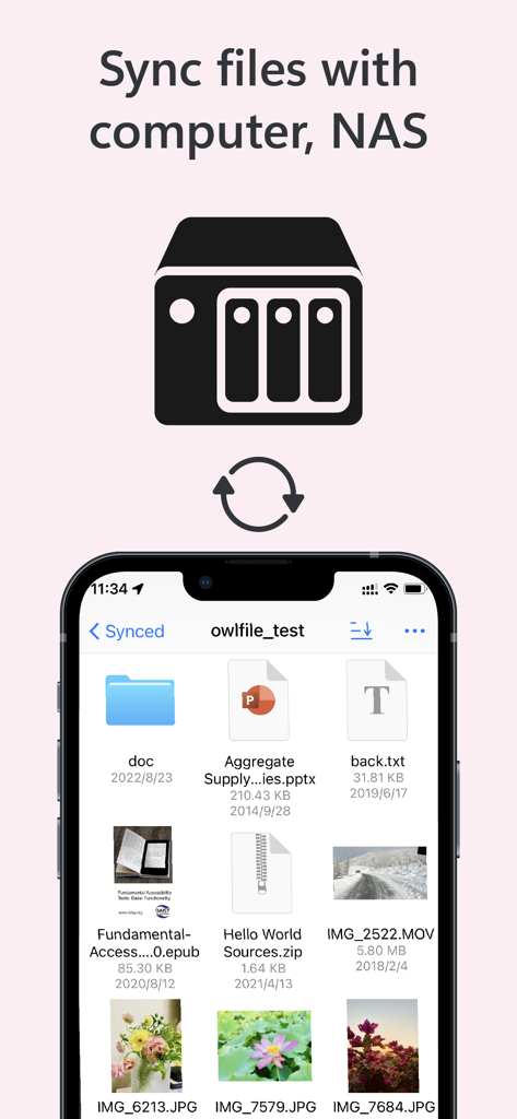 Owlfiles app interface showing file synchronization between a mobile device and a NAS server