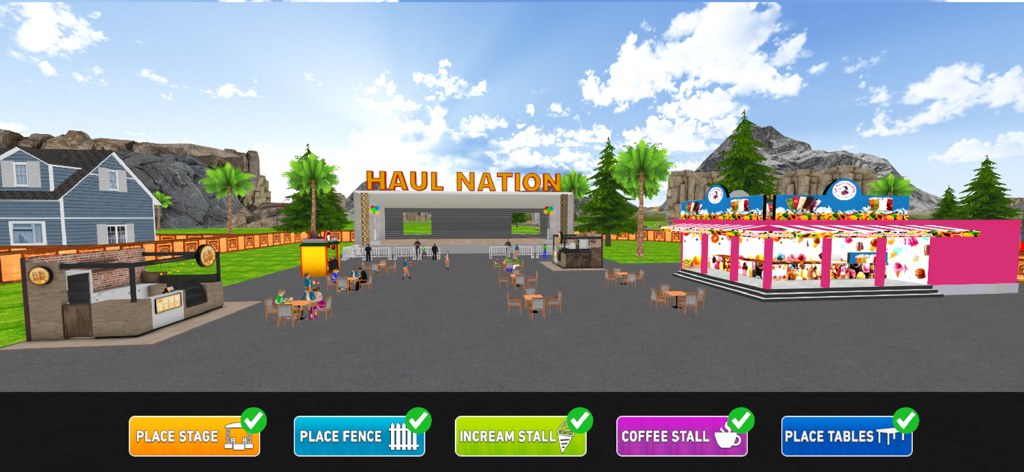 Depot Truck Simulator Games 3D - Construcción de un centro comercial con puestos de comida y un escenario en Depot Truck Simulator Games 3D