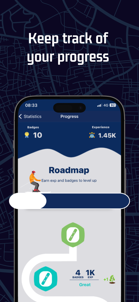 Ski & Snowboard - iSlope - iSlope mobile app showing ski progress tracking with badges and experience points
