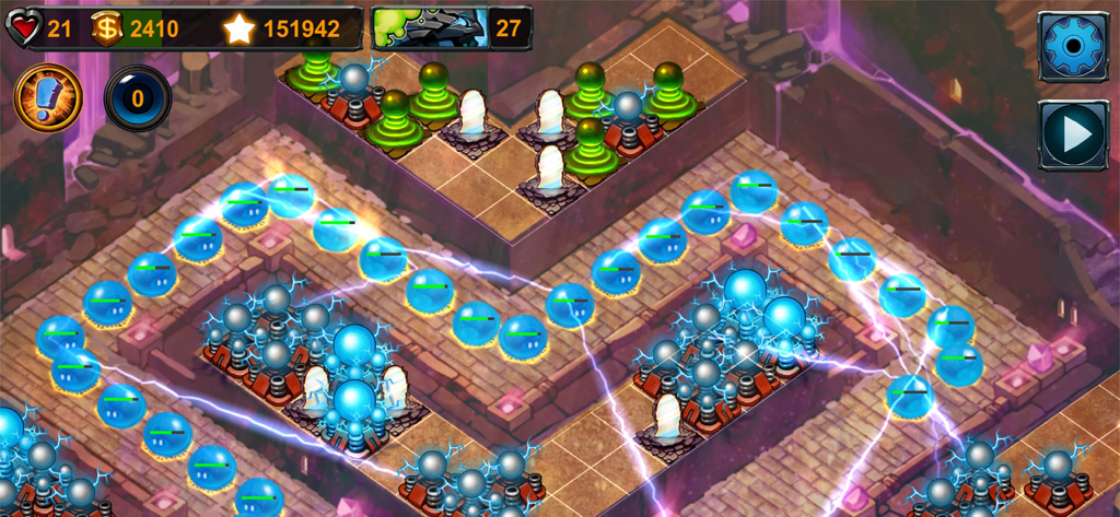 Strategic tower defense gameplay in Element TD showing elemental towers defending a path against waves of blue enemies
