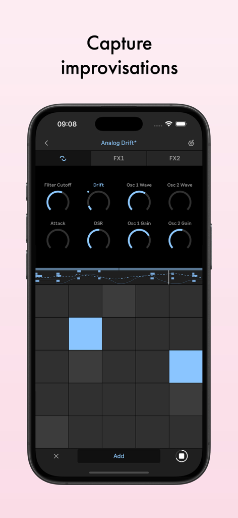 Ableton Note app interface showing synth parameters and a MIDI grid for capturing musical improvisations on a smartphone