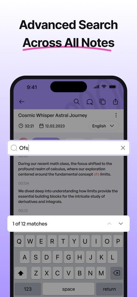 iMemo AI Note Taking & Summary - An iPhone screen displaying the advanced search feature in the iMemo app highlighting search results within a transcribed note.