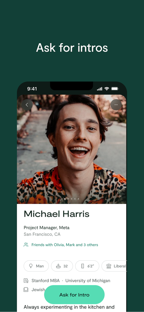 A user profile on the Loop matchmaking app showing a man named Michael Harris with an option to ask for an introduction through mutual friends.