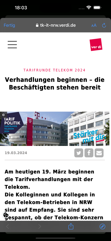 ver.di TK IT NRW - Mobile app screen displaying a news article about Telekom labor negotiations from the verdi union.