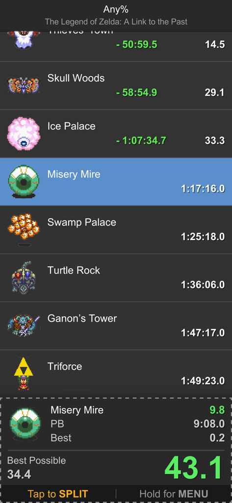 FramePerfect Speedrun Timer - Mobile interface of FramePerfect Speedrun Timer showing various game splits for The Legend of Zelda A Link to the Past Any percent category.