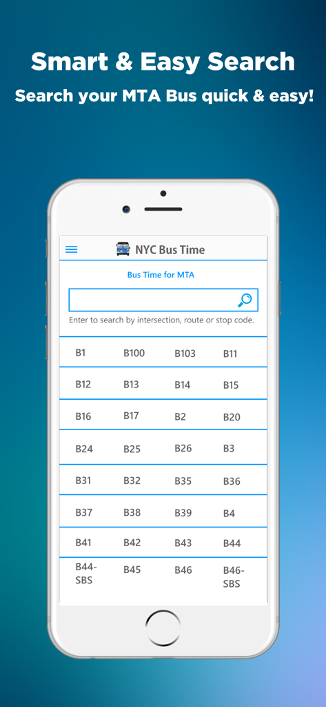 NYC Bus Time app interface on a smartphone showing a search bar and a grid of MTA bus routes