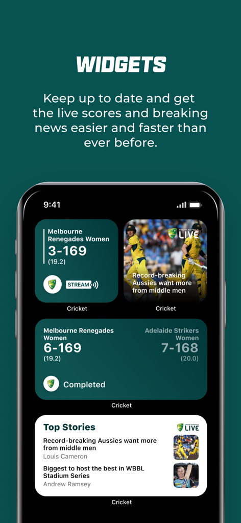 Cricket Australia Live app widgets on an iPhone showing live cricket scores and news.