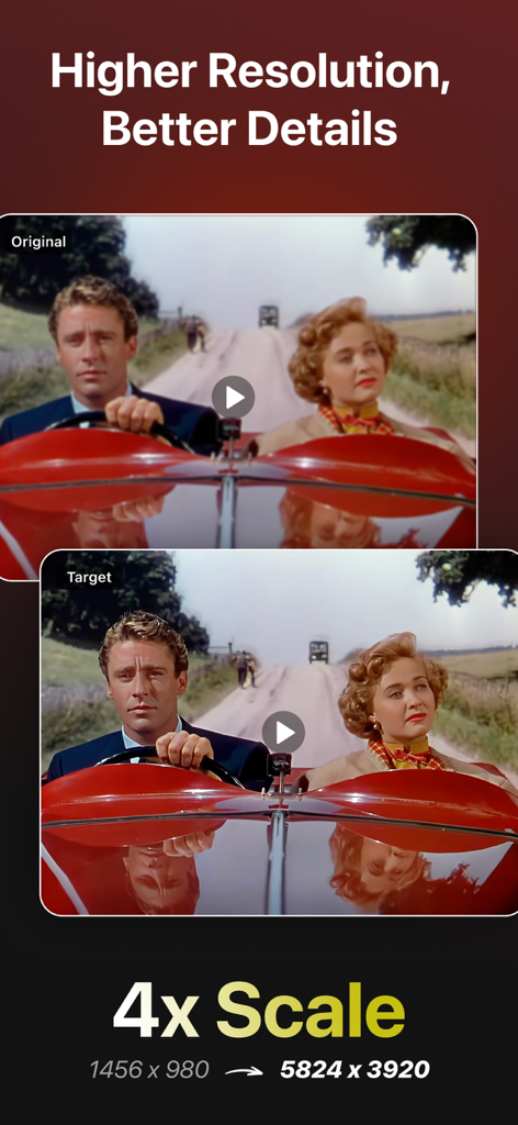 Upscal - Image & Video Enhance - A side-by-side comparison of a video frame being upscaled to 4x resolution with better detail