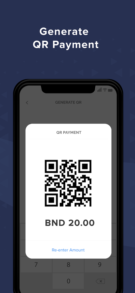 Pocket Merchant app screen displaying a generated QR code for a cashless transaction