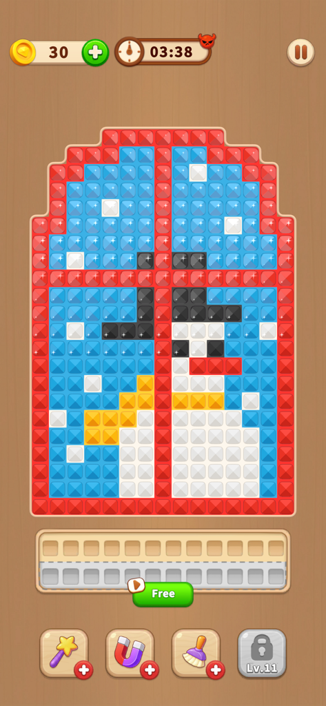 Diamond Flow: Color Puzzle - A diamond painting puzzle featuring a snowman behind a window frame in the Diamond Flow game.