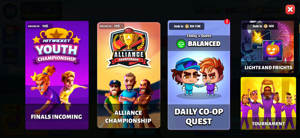 챔피언십과 일일 퀘스트가 포함된 HITWICKET 크리켓 게임 2025의 게임 모드 선택 화면