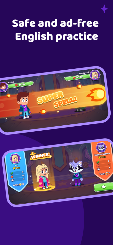 Novakid Champion: Easy English - Novakid Champion app showing safe and ad-free English practice through magic themed gameplay and competitions.