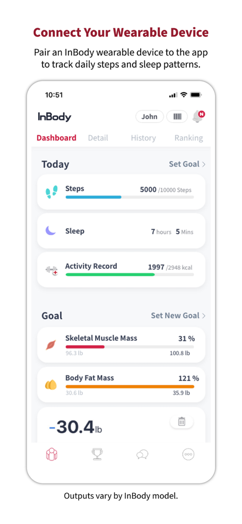 InBody app dashboard with steps sleep and muscle mass tracking