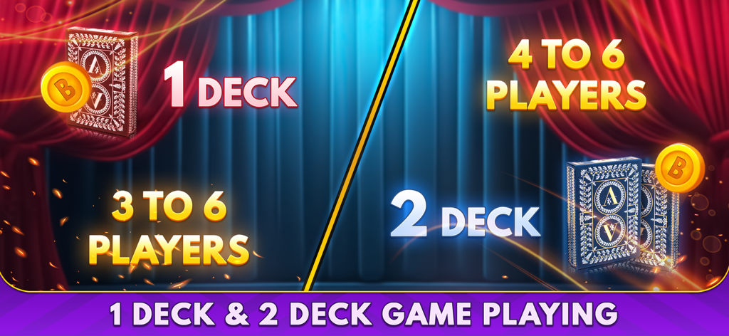 Bhabhi Multiplayer card game selection screen for 1 deck and 2 deck modes with 3 to 6 players