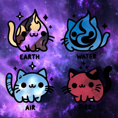 4 cats that represent the different elements, earth, water, air, and fire
