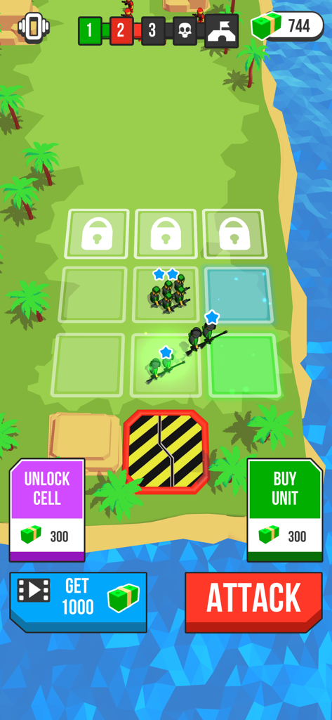 Epic Army Clash - Epic Army Clash gameplay screen showing stickman soldiers on a merge grid and an attack button