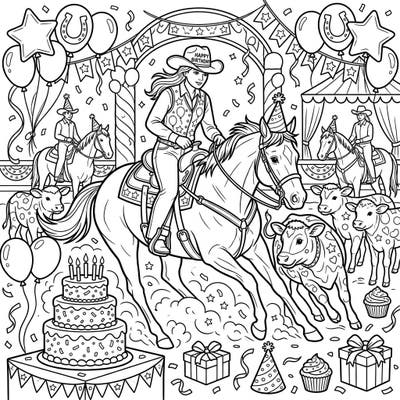 Saddle up for a festive celebration with this action-packed coloring page! It brings together the thrill of Western cutting riders and the joyous atmosphere of a birthday party, perfect for all ages.