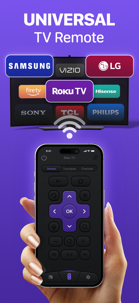 Smart Remote Control & TV Cast - iPhone exibindo uma interface de aplicativo de controle remoto universal compatível com várias marcas de smart TV como Samsung e LG