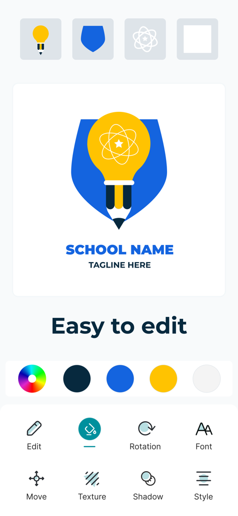AI Digital Logo Design Maker - Interfaz móvil de una app de diseño de logos con opciones de color y herramientas de edición para un logo escolar.