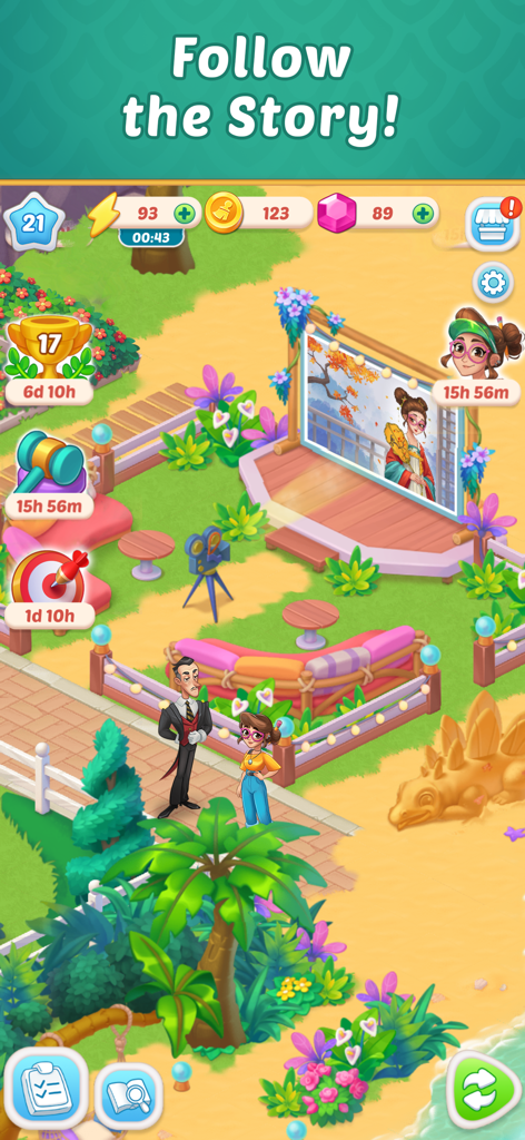 Mansion Tale: Merge Secrets - Gameplay screenshot of Mansion Tale Merge Secrets showing characters Ashley and a butler in a decorated beach garden area