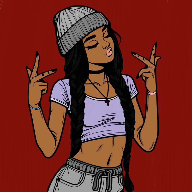 realistic teenage girl with braids and a beanie and crop top doing 🫶🏼