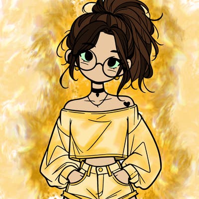 girl with a messy ponytail glasses a baggy crop top and jean shorts