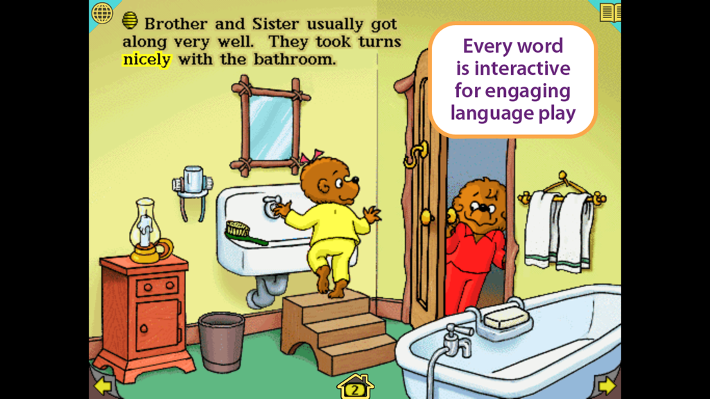 Hermano y Hermana Oso en una escena de baño del libro de cuentos interactivo con texto resaltado.