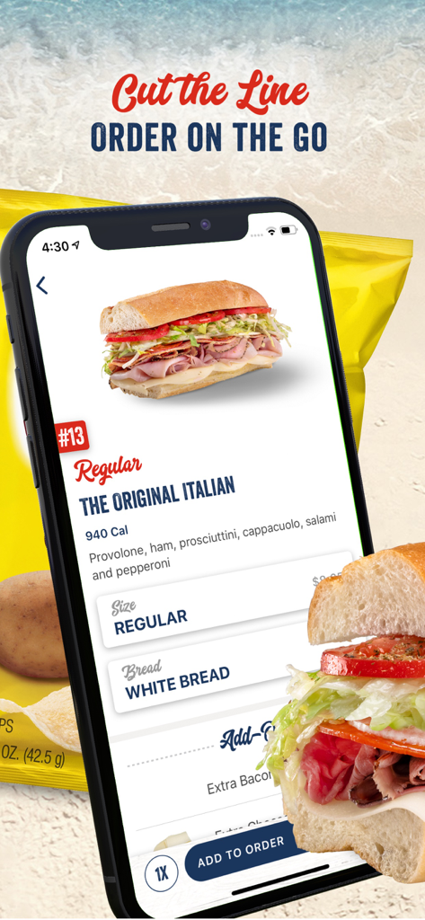 Jersey Mikes app screen showing the process of ordering an Original Italian sub