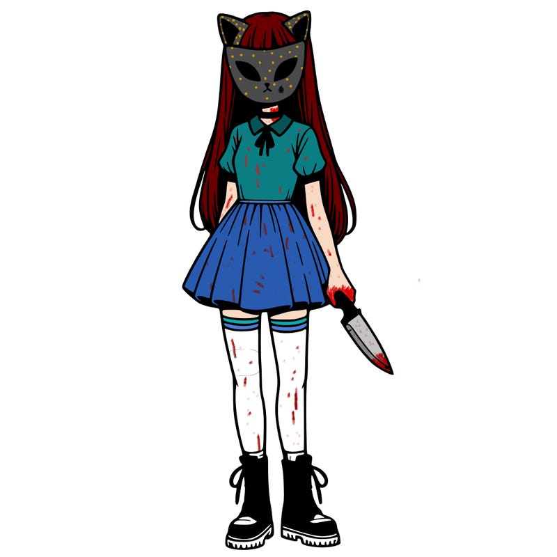 girl with long hair, and a full face cat mask, with a short dress with no shoulder sleeves, combat boots, and long socks, with a knife in her right hand