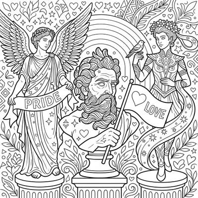 Immerse yourself in a powerful tribute to Pride Month with this unique coloring page featuring majestic humanoid sculptures. Unleash your creativity and fill this intricate design with vibrant colors, celebrating love, diversity, and community.