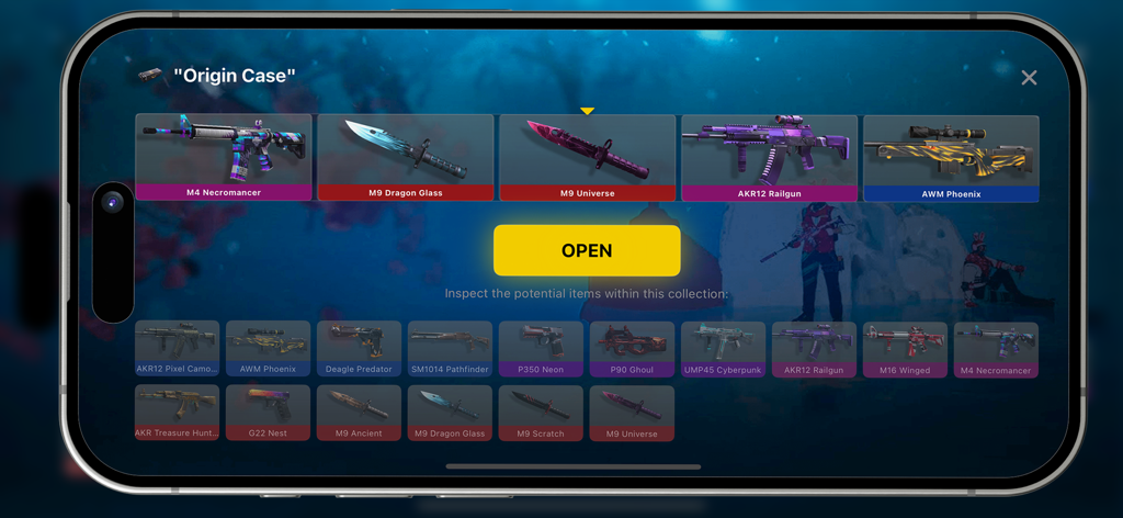 Pantalla dentro del juego del Simulador de Cajas de Standoff 2 mostrando la interfaz de apertura de la Caja de Origen con varias skins de armas raras y un botón amarillo de abrir.