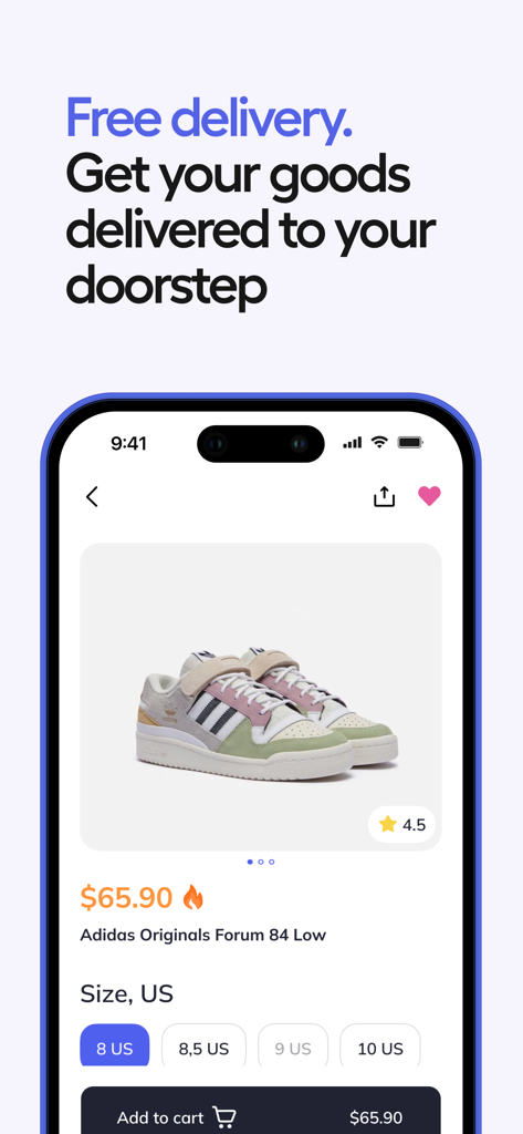 Punto Pago app screen showing a pair of Adidas sneakers on the marketplace with a free delivery message