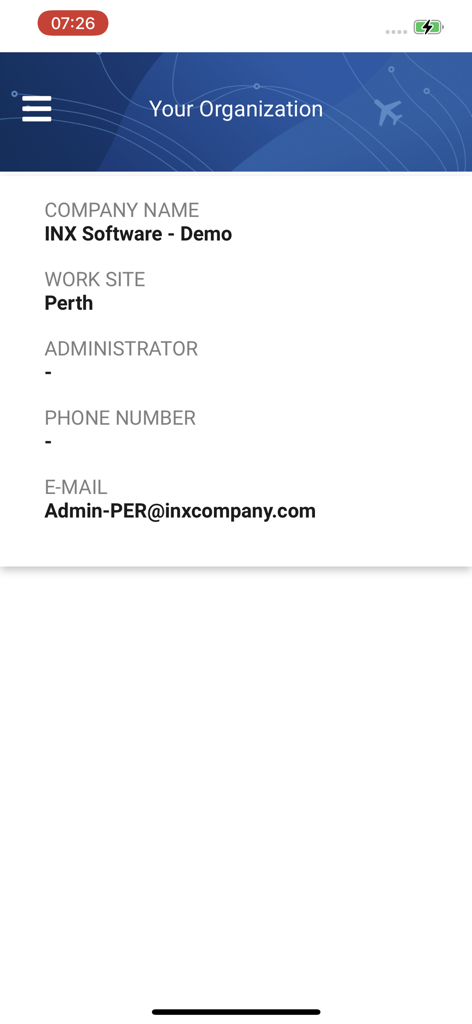 InFlight app screen showing organization details including company name, work site in Perth, and administrator contact email.
