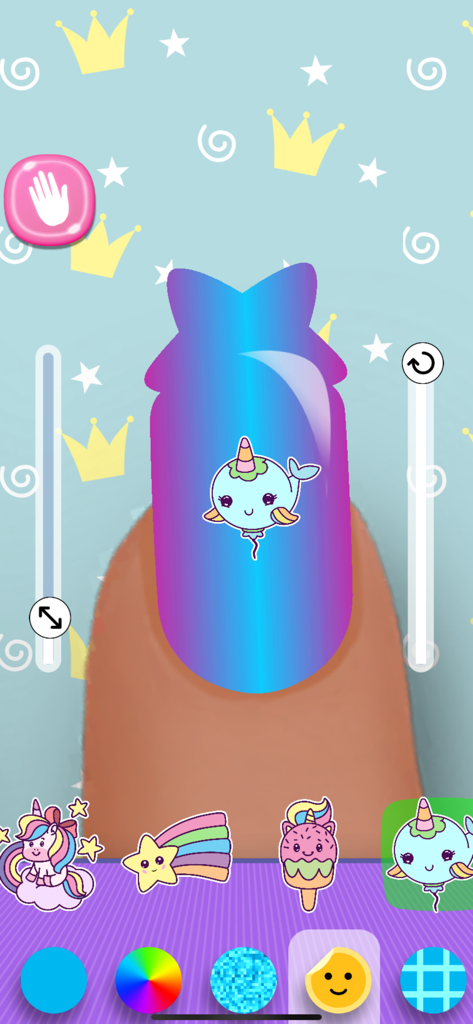 Girls Nail Salon: Paint,Polish - Captura de pantalla del juego que muestra una uña degradada azul decorada con una linda pegatina de unicornio narval y varias opciones de diseño en la parte inferior.