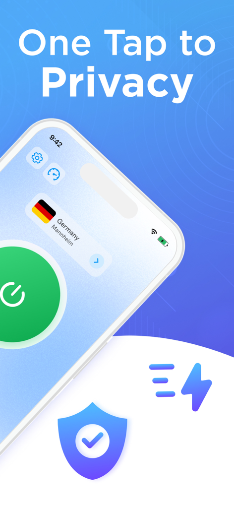 VPN for iPhone:Super VPN Proxy - Interfaz de la app Super VPN Proxy en iPhone con privacidad de un toque y conexión segura.