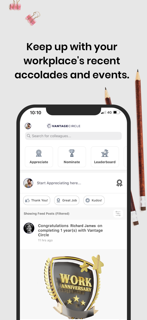 Vantage Circle - Vantage Circle mobile app displaying workplace accolades and employee work anniversary milestones.