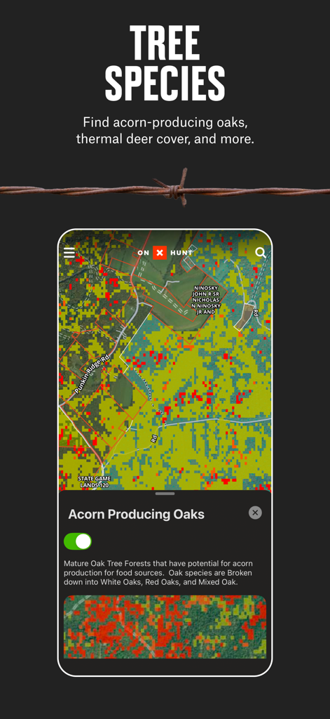 onX Hunt app displaying tree species map layer to find acorn producing oaks and deer cover