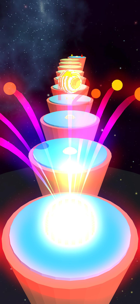 Jump Ball - Hop Stack Color 3D - A glowing ball hopping on colorful 3D platforms in a rhythm game with a space background