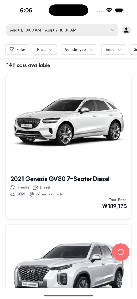 Orcar: Jeju Car Rental - Car rental selection screen in the Orcar app showing a Genesis GV80 in Jeju
