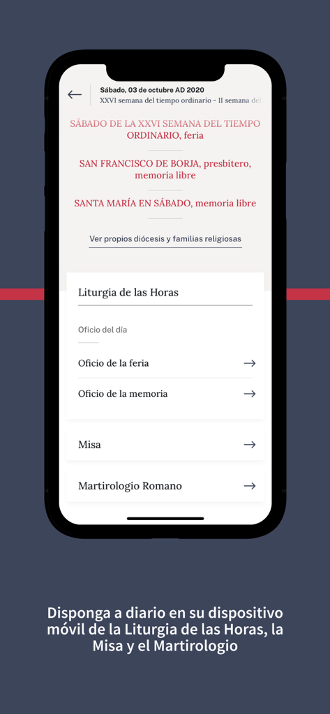 Liturgia de las Horas CEE - Captura de tela do aplicativo Liturgia das Horas CEE mostrando o menu principal para seleção de orações litúrgicas diárias em uma tela de smartphone.