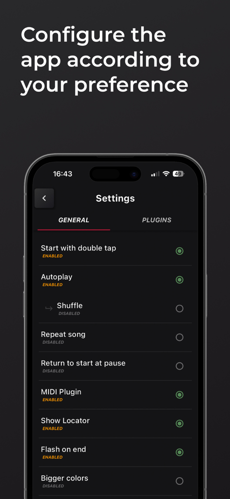 Écran des paramètres de l'application Easy Performer montrant les options de configuration de lecture comme la lecture automatique et les fonctionnalités de plugin MIDI.