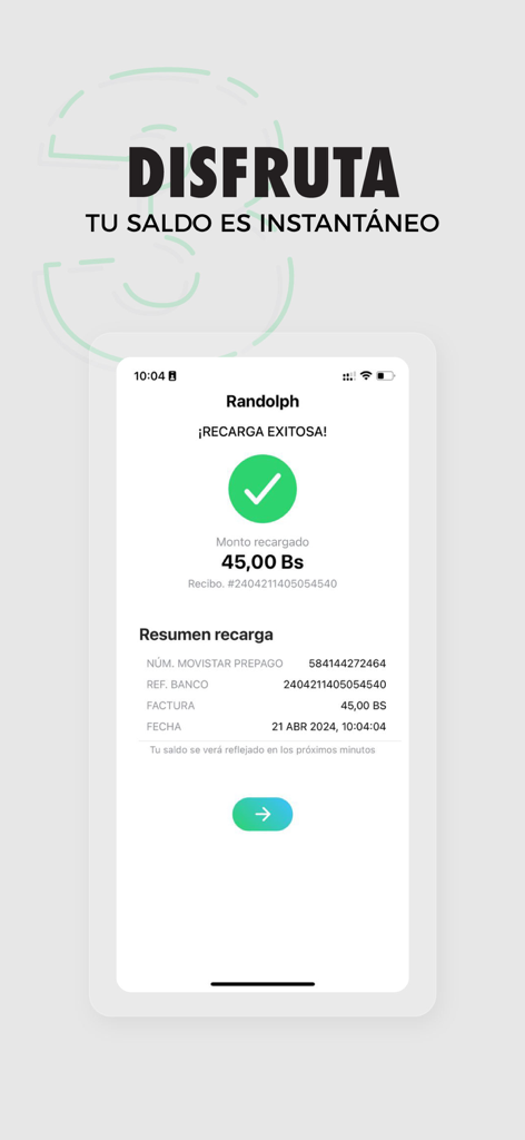 Recargas24hrs - Pantalla de la app Recargas24hrs mostrando la confirmación de una recarga de saldo móvil exitosa.