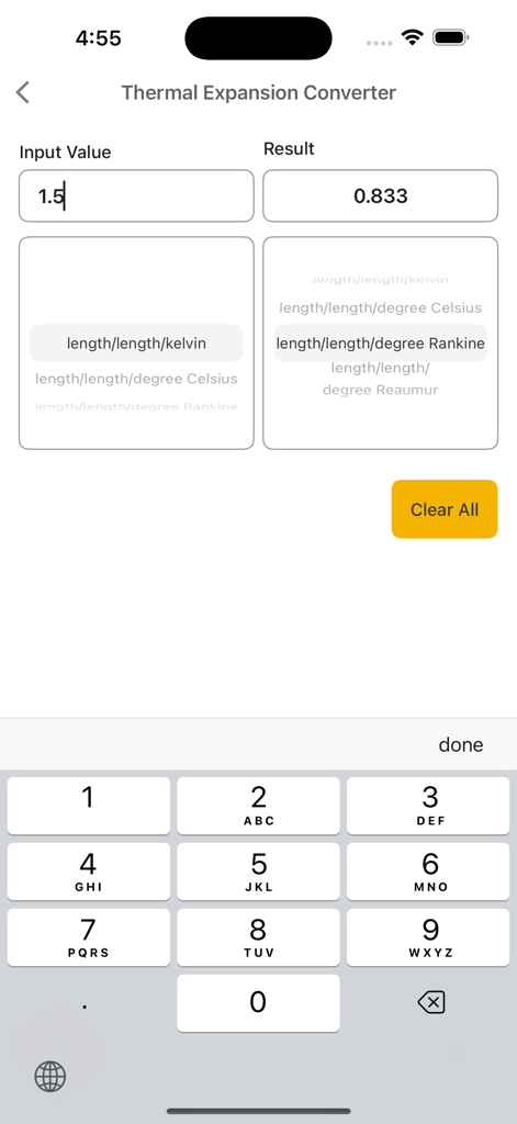 Thermal Engineering Calc app interface showing the Thermal Expansion Converter with numeric input and unit selection