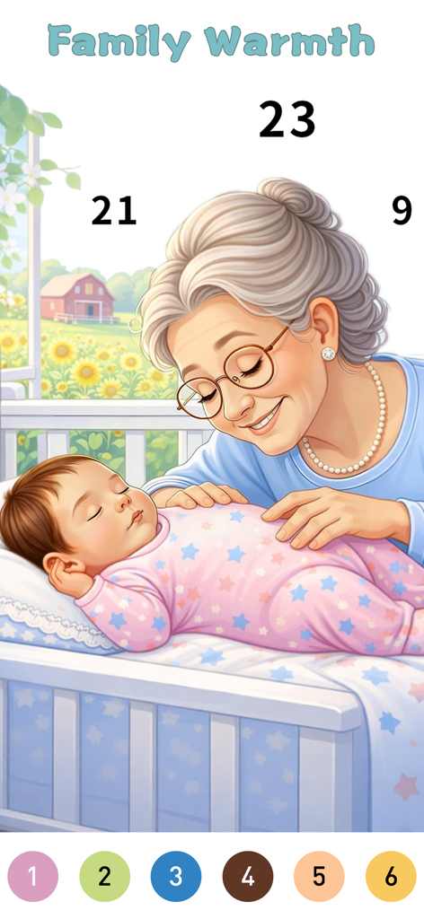 Cradle Color By Number - A grandmother watching over a sleeping baby in a crib, a color by number scene from the Cradle Color app titled Family Warmth.