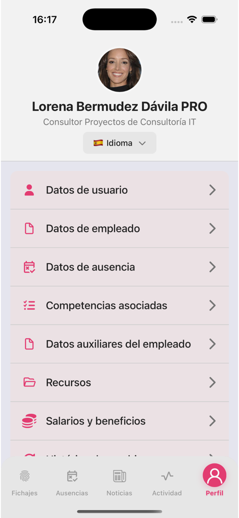 MyTeam2Go v2 mobile app interface showing a user profile screen with options for employee data, absences, skills, and benefits.