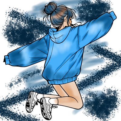 realistic girl jumping with a bun and oversized sweatshirt