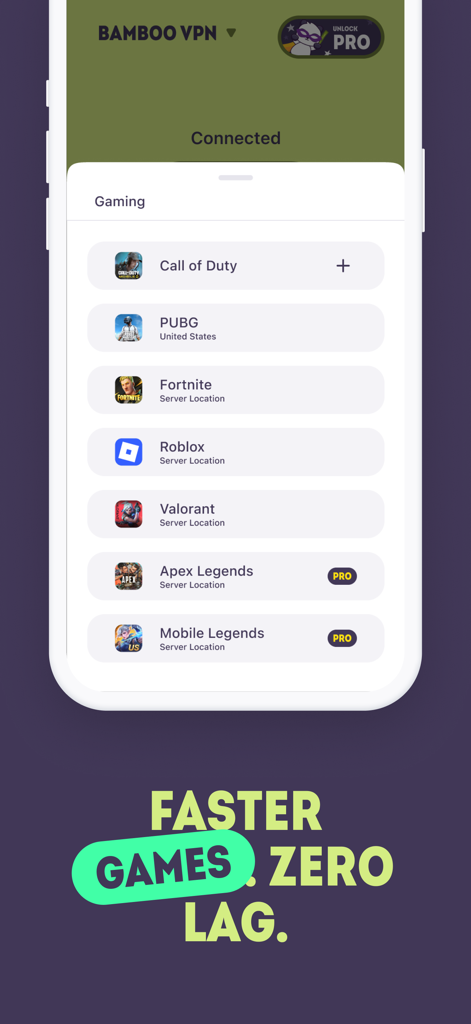 BambooVPN - Secure VPN Proxy - BambooVPN mobile interface showing a selection of games like Call of Duty and PUBG for optimized gaming with zero lag