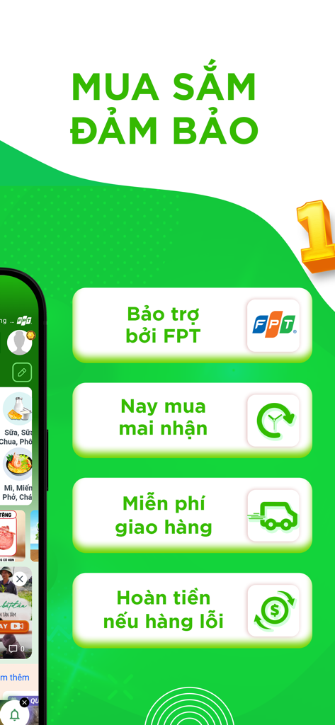 FPT Sendo Farm - Siêu thị - Una pantalla promocional de la aplicación FPT Sendo Farm que muestra las garantías de compra, incluido el patrocinio del grupo FPT, entrega al día siguiente, envío gratuito y reembolsos por artículos defectuosos.